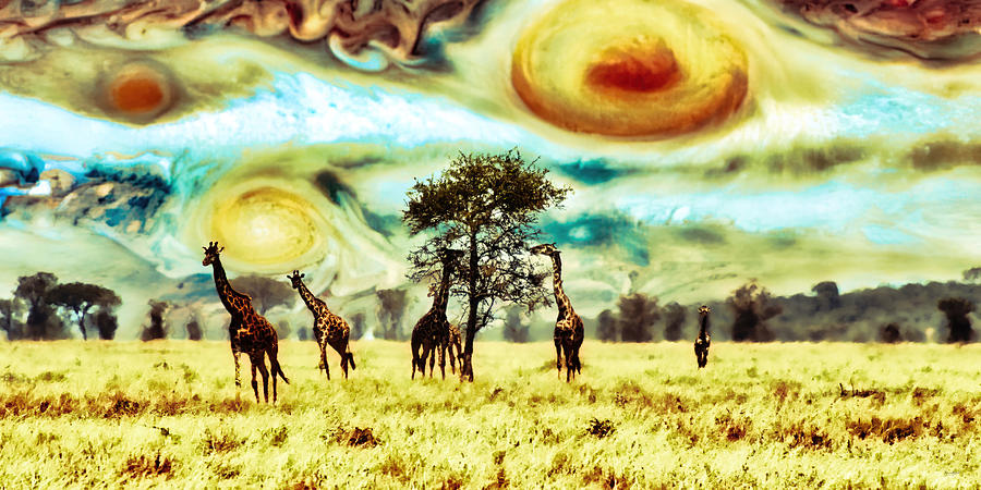 Giraffes with Jupiter sky Digital Art by Bruce Block