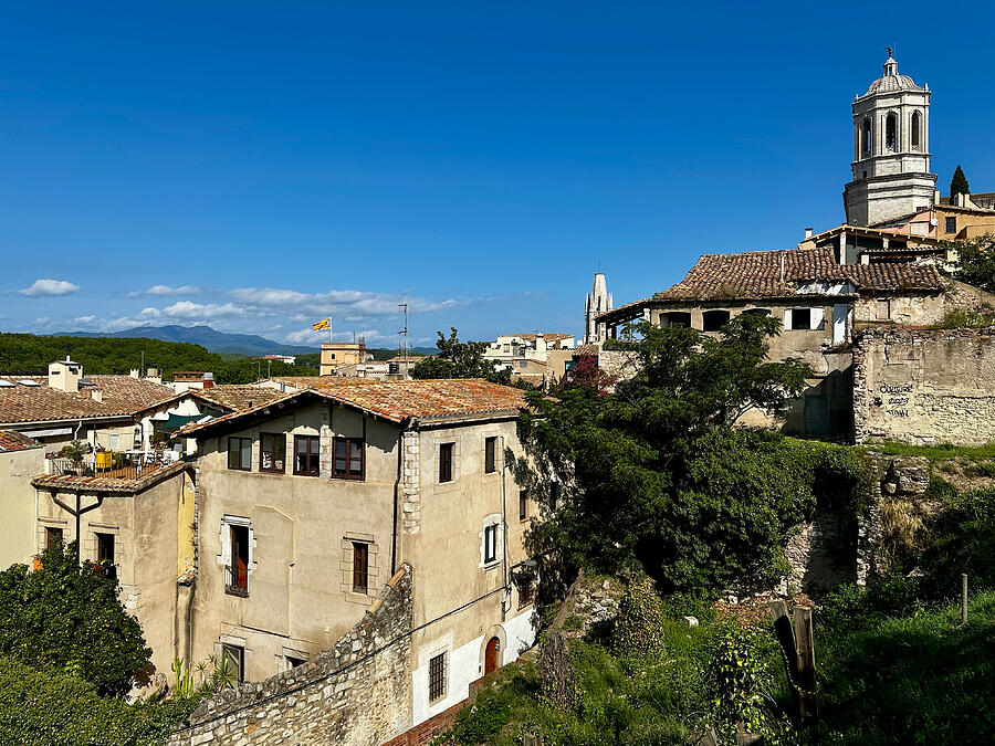 Historic Catalan Village Scene Photograph - Girona Medieval Skyline with Stone Architecture and Cathedral Tower Catalonia Spain Fine Art Print by Travel Essayist