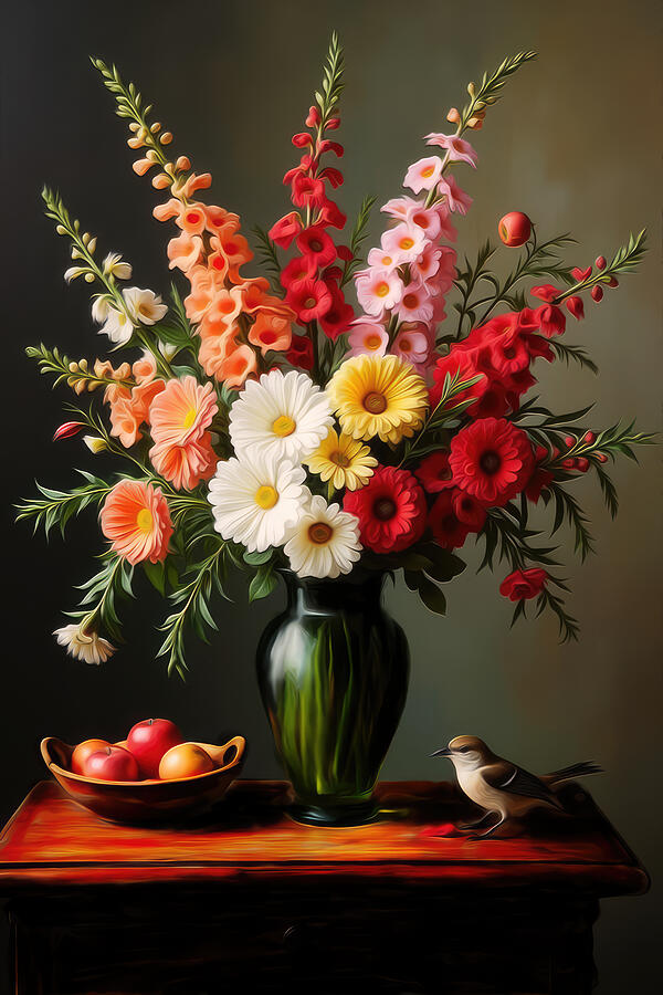 Vibrant Floral Arrangement with Bird Digital Art - Gladioli Wall Art Floral Still Life by Nature Oil Painting