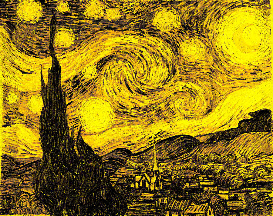 Starry Night in Yellow Tones Digital Art - Golden Starry Night - yellow monochrome Van Gogh inspired swirling sky over village by Nicko Prints