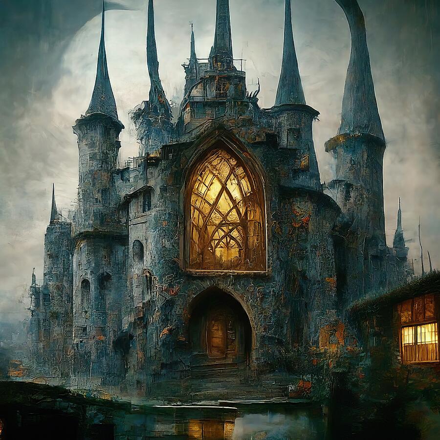 Gothic Fantasy Castle with Glowing Arched Windows and Spire ...