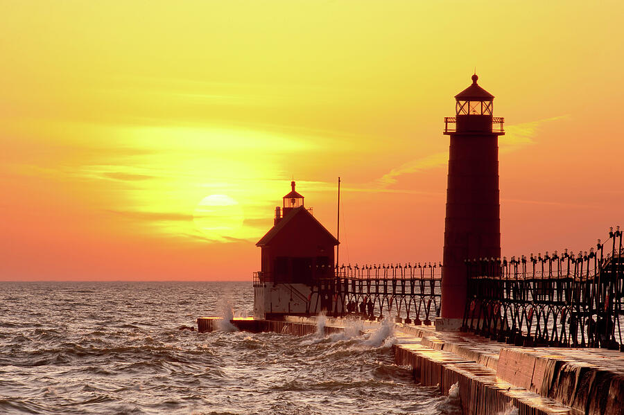 Grand Haven Lighthouse Sunset Photograph by Michael Collins