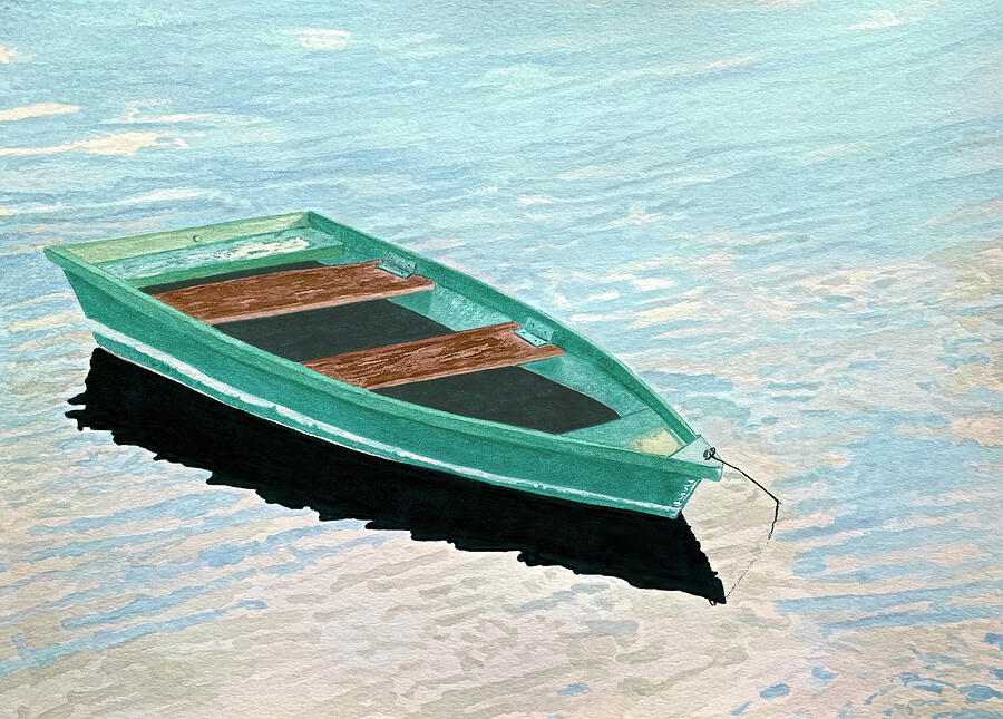Green Rowboat On Rippled Water by Deborah League