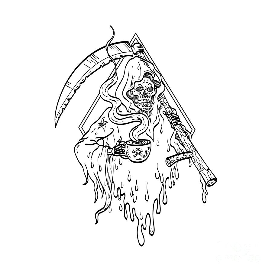 Grim Reaper Holding Smoking Hot Cup Of Coffee And Scythe Tattoo Line  Drawing Black And White by Aloysius Patrimonio