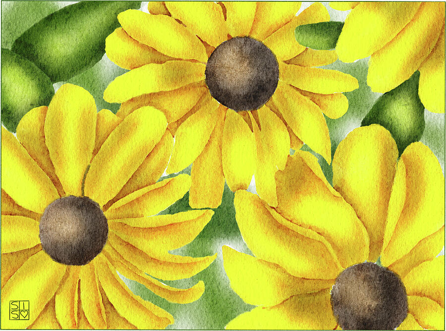 Hand-Drawn Black-eyed Susan Botanical Watercolor Art Print Digital Art by Snow Iris Studio