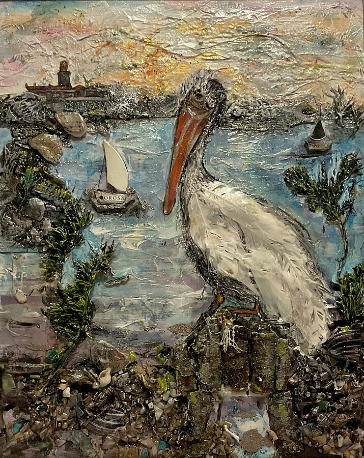 Waiting for fish to Steal as the Boats come Sailing in Painting by Susan Orosz