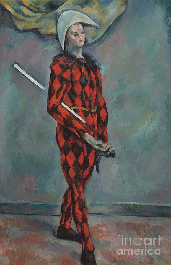 Paul Cezanne, Harlequin, 1888-1890: a young man in a red and black diamond-patterned costume and a white bicorne hat stands with a baton under his arm against a grey-blue wall, below a yellow curtain