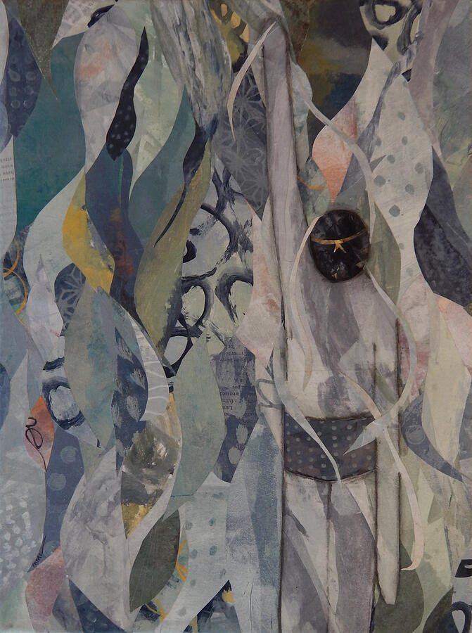 Abstract Geometric Composition with Mask Mixed Media - He Swims by Mary Conner