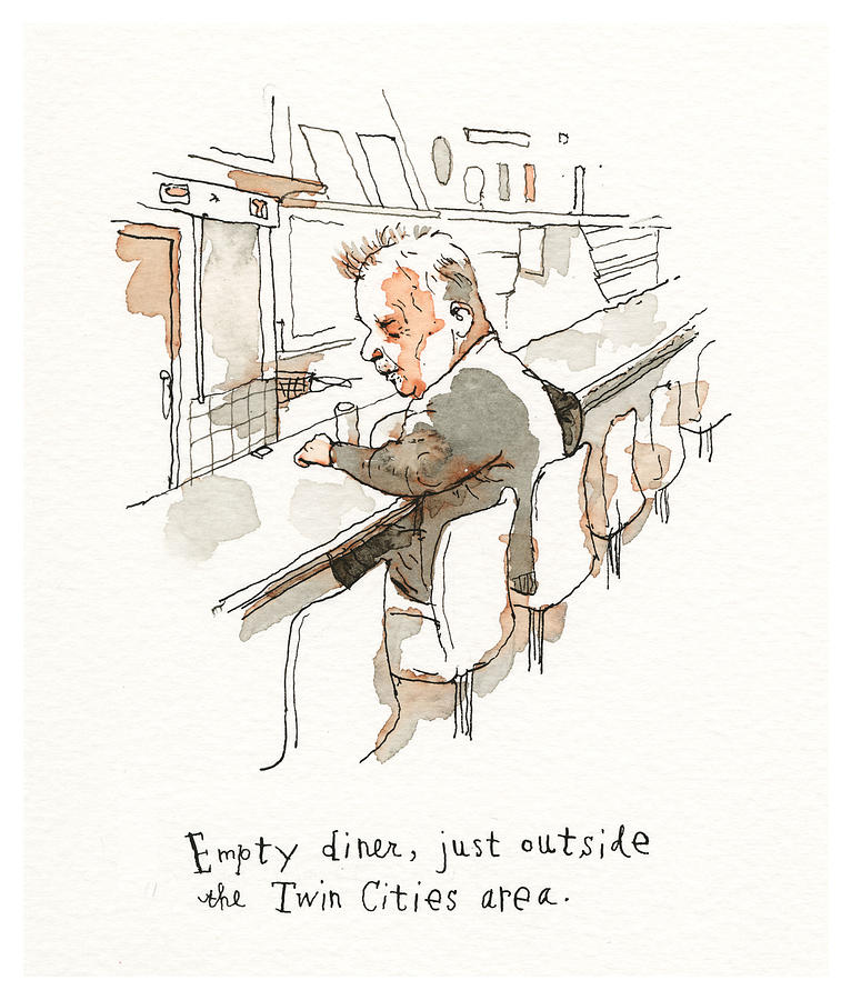A Solitary Moment in an Empty Diner Drawing - He Walks Among Us II by Barry Blitt