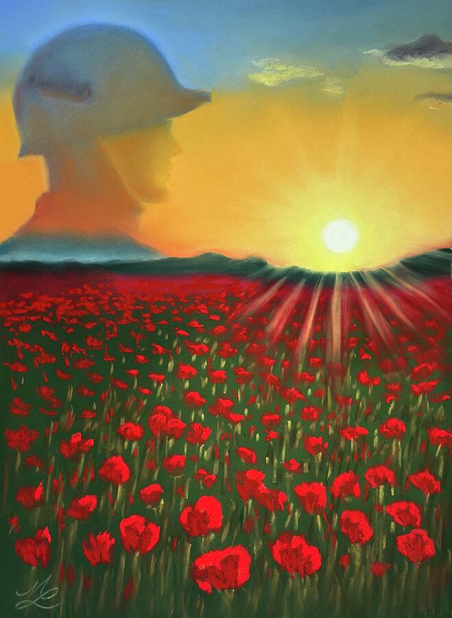 Soldier Silhouette Over Poppy Field Pastel - High Above A Crimson Field by Marlene Little