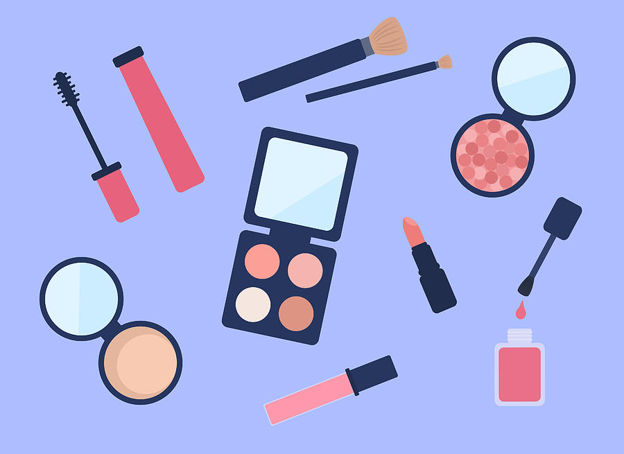 High Angle View Of Make-up Desk. Eye Shadow, Mascara, Lipstick, Powder Compact And Make-up Brushes On Lilac Background Drawing by CreativeDesignArt
