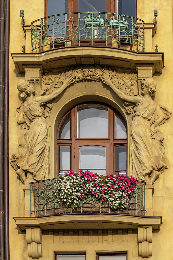 Ornate Balcony with Sculptures Photograph - Hlahol Union Building Balcony by Shirley Mitchell