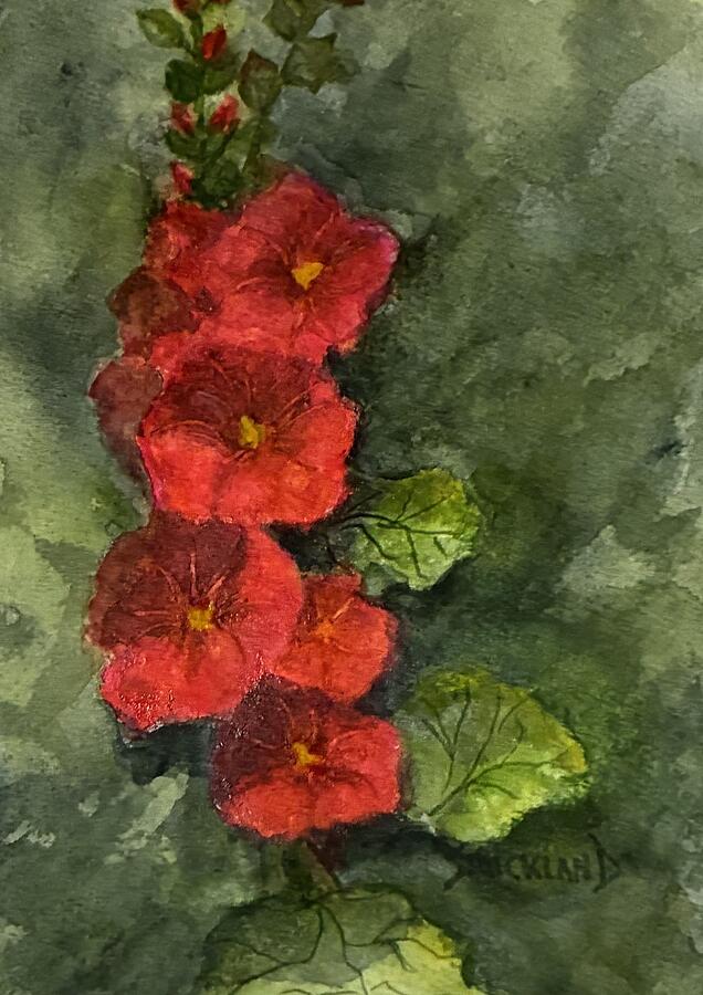 Blooming Red Flowers Painting - Holly Hocks by Judy Strickland