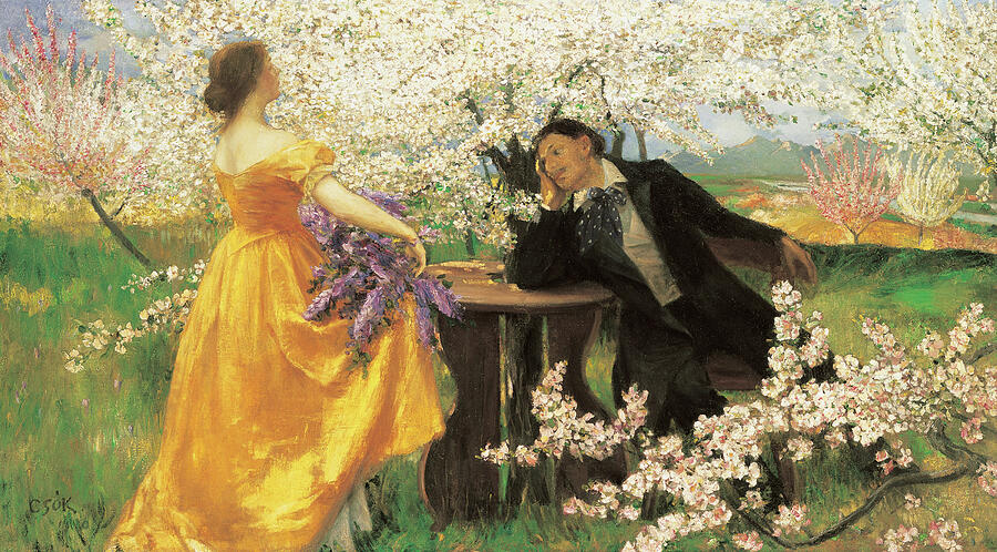 Hungarian painters - Awakening of spring, love couple with