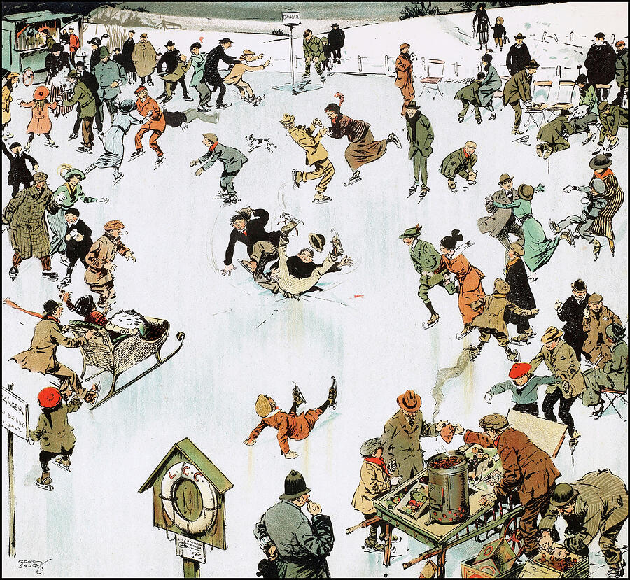 Ice Skating Scene in Early 1900s London Drawing - Ice Skating - Humours of London - funny illustrations of social life in the early 1900s by Tony Sarg by Tony Sarg