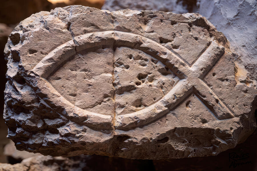 Ichthys Stone Carving, Jesus Fish Photograph by Reeves Abram - Pastor Reeves Studio - Metal Posters