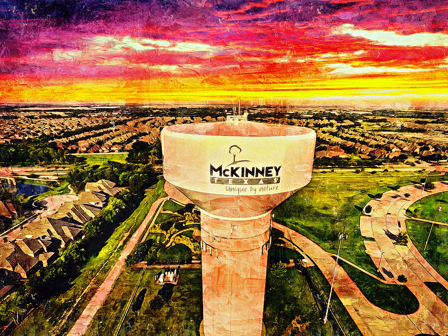 Iconic water tower in western McKinney, Texas, at sunset Digital Art by Nicko Prints