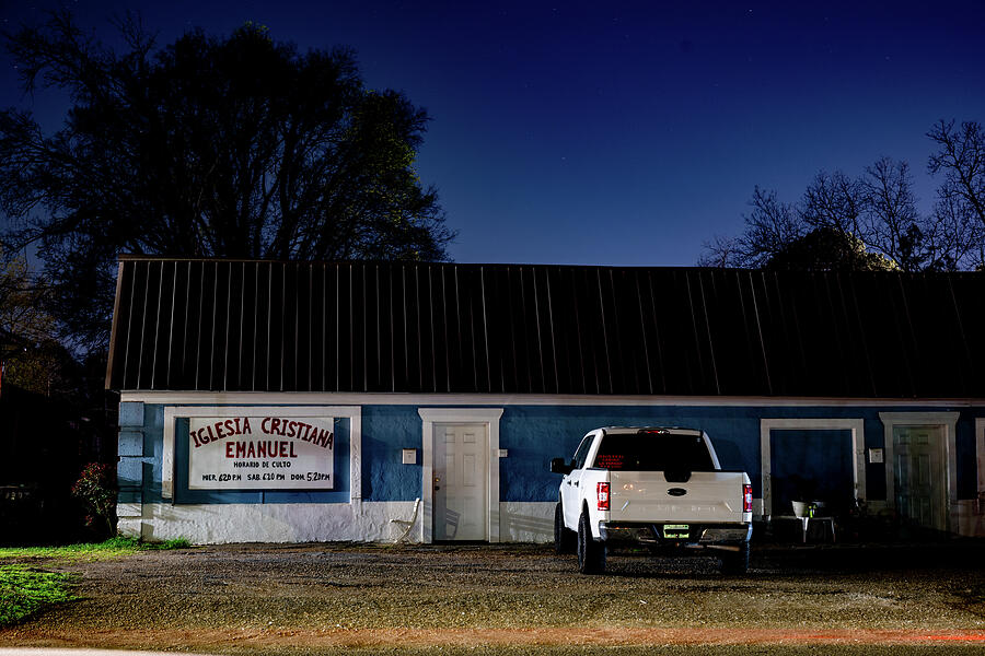 Nighttime View of Blue Church Building Photograph - Iglesia Cristina Emanuel by Jeremy Butler