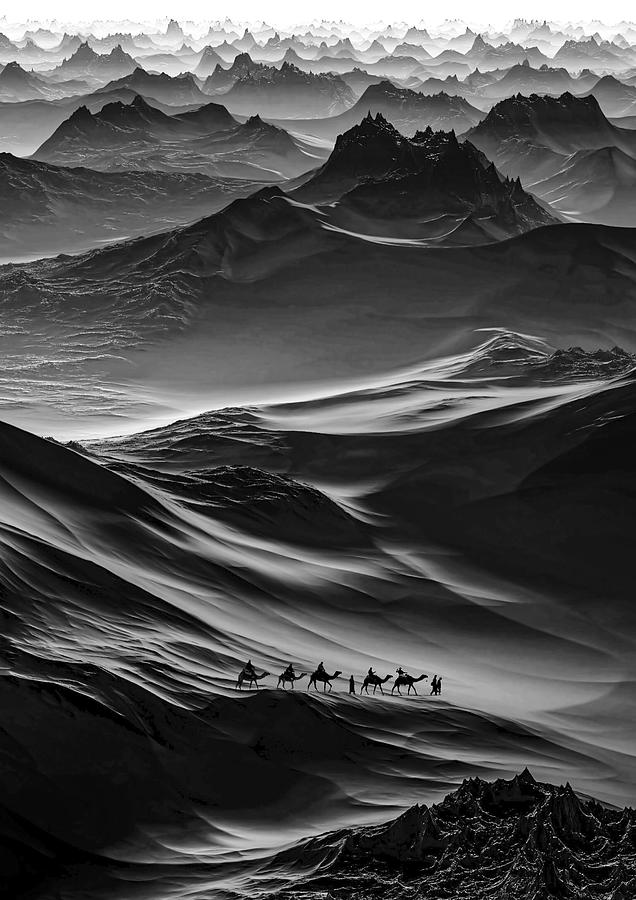 Desert Caravan in Black and White Photograph - Illusion I by Sofie Conte