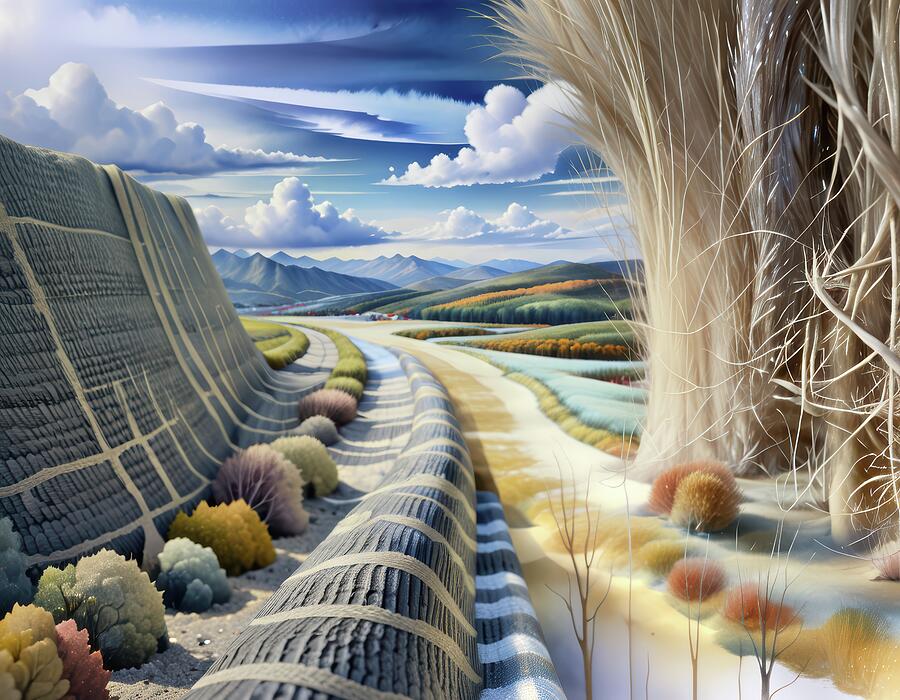 Surreal Landscape with Woven Patterns Digital Art - In Alien Fields by Eris And AI