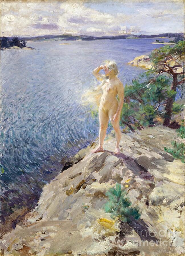 Anders Zorn, In the Skerries, 1894: a nude woman stands on a rocky outcrop above the sea, shading her eyes against the light