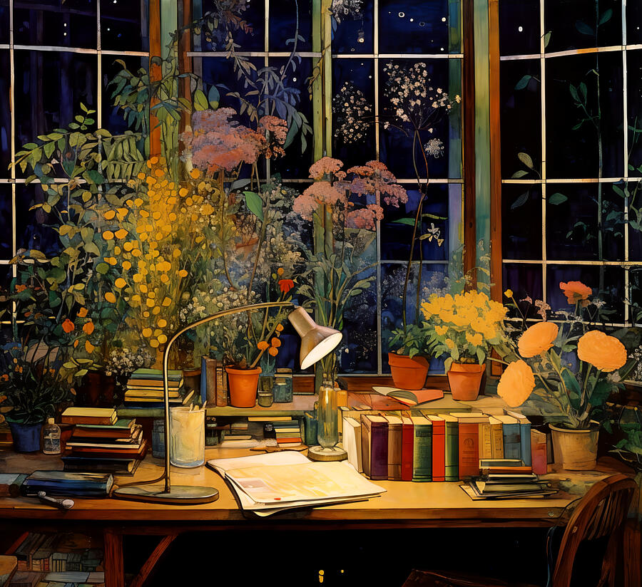 In the Study at Night by Kaoru Yamada
