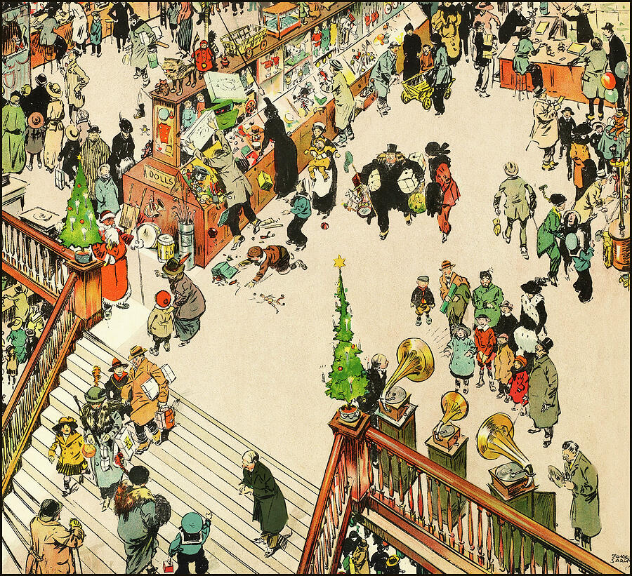Christmas Shopping Rush in Early 1900s Drawing - In Toyland - Humours of London- funny illustration of Christmas rush in the early 1900s by Tony Sarg by Tony Sarg