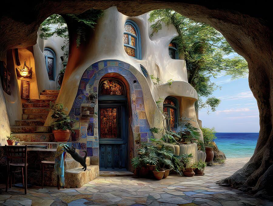 Charming Seaside Stone Cottage Digital Art - Innocent Looking Seaside Inn With Innocent Looking Cat by Eris And AI
