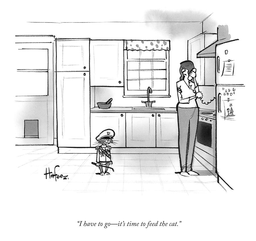 Cat as a Ship Captain Drawing - Its Time To Feed The Cat by Kaamran Hafeez