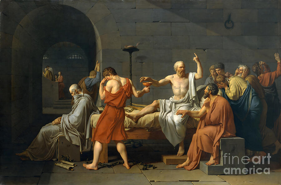 Jacques-Louis David, The Death of Socrates, 1787: Socrates sits on his prison bed pointing upwards and reaching for the cup of hemlock while his disciples grieve
