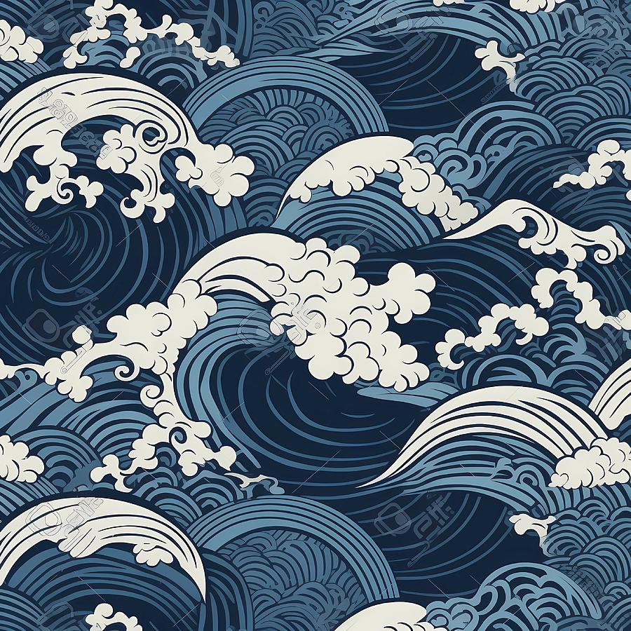 Japanese wave pattern in indigo Digital Art by Andre Petrov