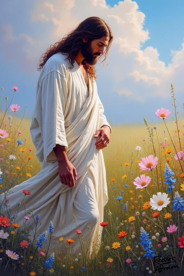 Jesus Among Wildflowers Digital Art by Reeves Abram - Pastor Reeves Studio - Metal Posters