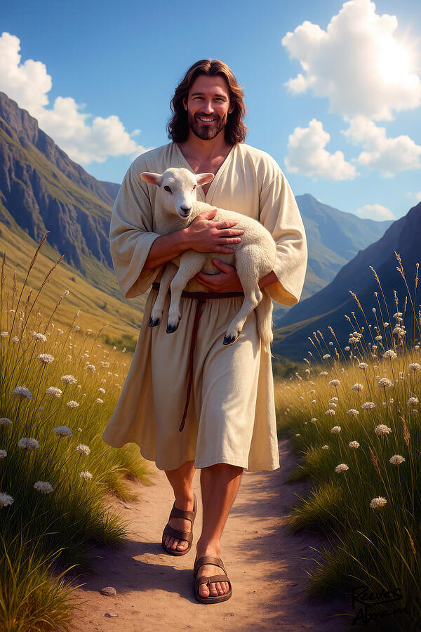 Jesus Carrying the Little Lamb Digital Art by Reeves Abram - Pastor Reeves Studio - Metal Posters