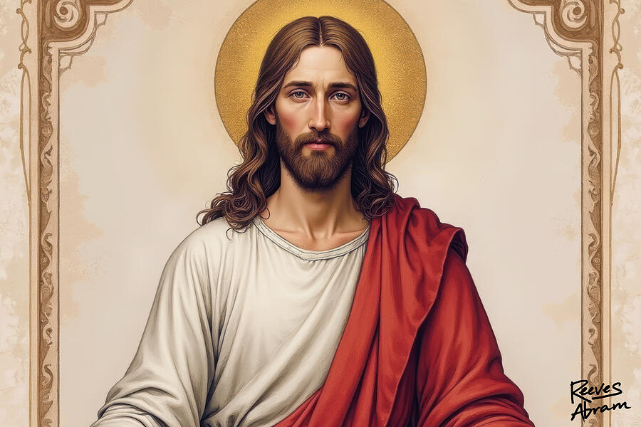 Jesus Christ with Halo and Ornate Border Digital Art by Reeves Abram - Pastor Reeves Studio - Metal Posters