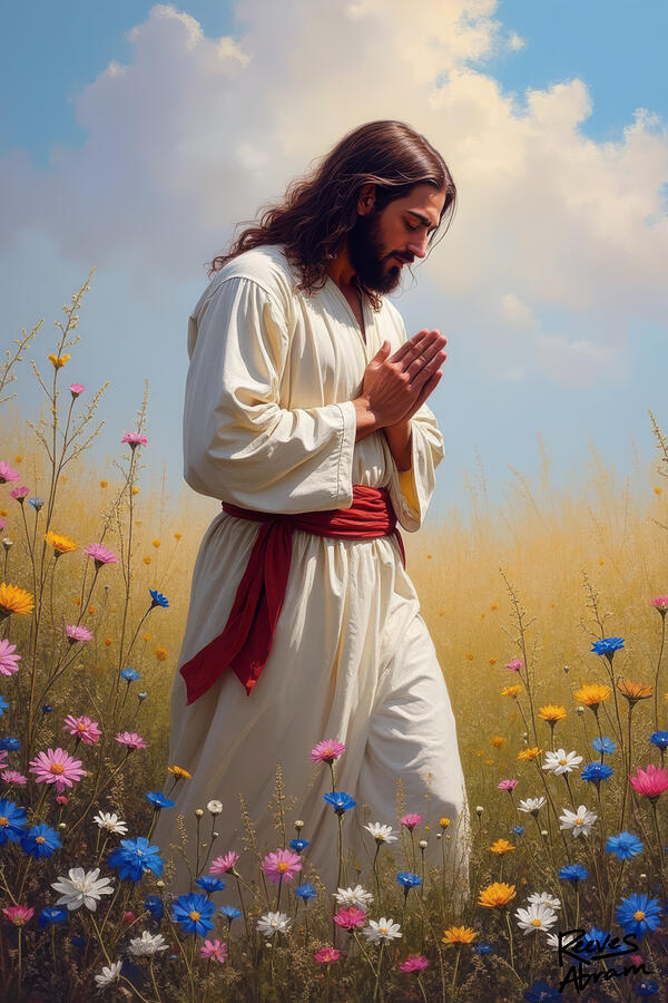 Jesus Praying in Meadow Digital Art by Reeves Abram - Pastor Reeves Studio - Metal Posters