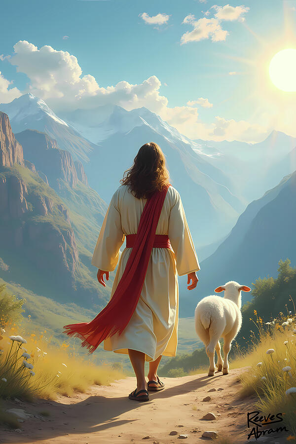 Jesus, the Good Shepherd, Walking in Serene Mountain Landscape by Reeves Abram - Pastor Reeves Studio - Metal Posters