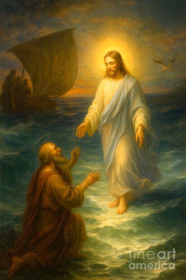 Painterly reimagining of Ivan Aivazovsky, Walking on Water, 1888: Christ in white, glowing with light, walks on a green sea towards Saint Peter, who kneels in the waves with raised hands, a boat with figures behind