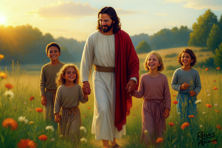 Jesus with Children in Wildflowers Digital Art by Reeves Abram - Pastor Reeves Studio - Metal Posters