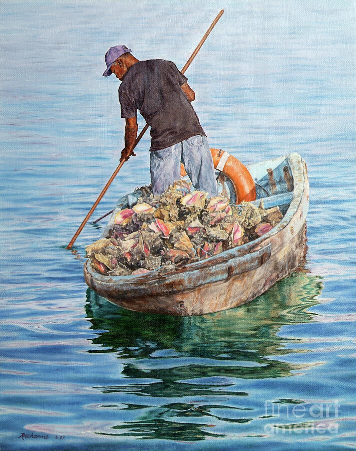 Man Collecting Shells on Boat Painting - Jewels of the Sea by Roshanne Minnis-Eyma