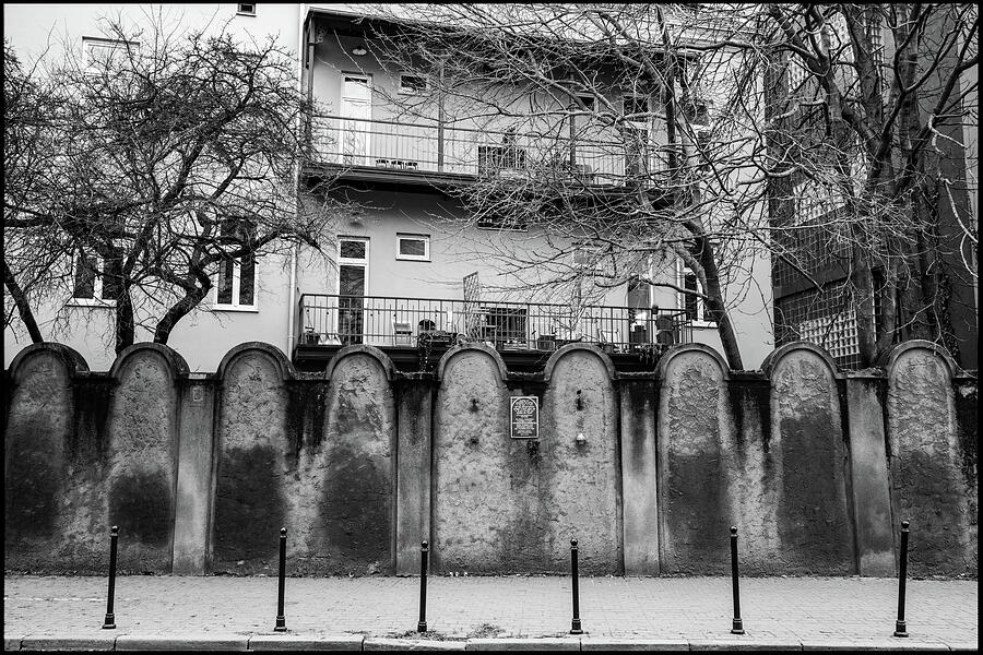 Urban Scene with Trees and Wall Photograph - Jewish Ghetto Wall, Krakow by Jeremy Butler