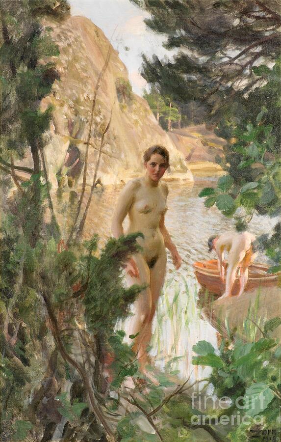 Anders Zorn, Jollen: a nude woman stands on the shore among pine trees while another sits in a small wooden boat on the water