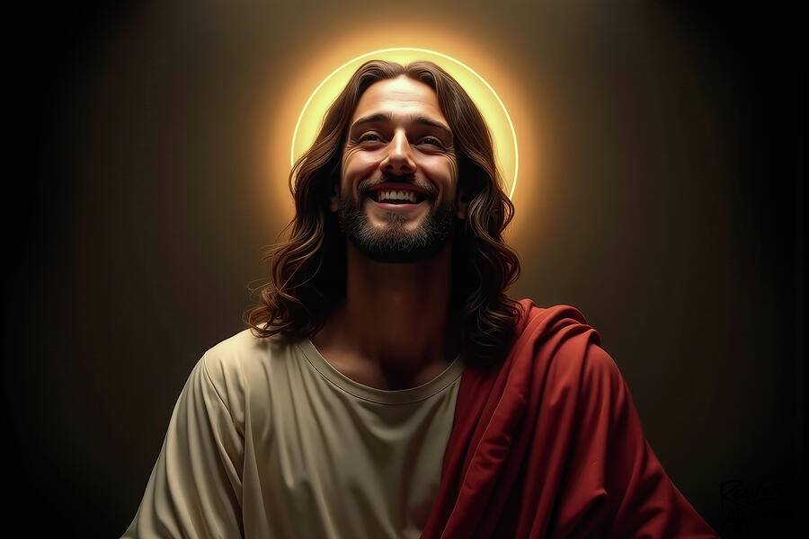 Smiling Jesus Wall Art - Joyful Christ Portrait with Golden Halo Christian Scripture Digital Art by Reeves Abram - Pastor Reeves Studio - Metal Posters