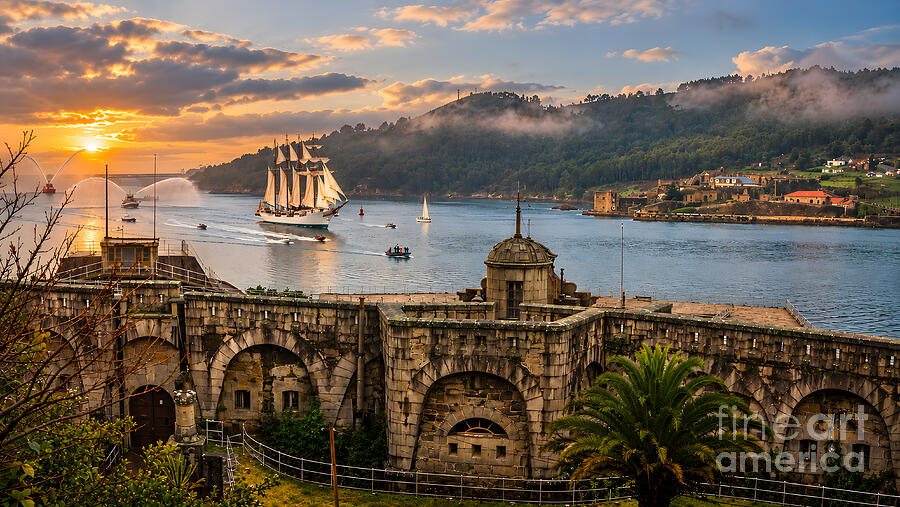 AI-reimagined version of the Elcano arrival at Ferrol, with a computer-generated sunset sky