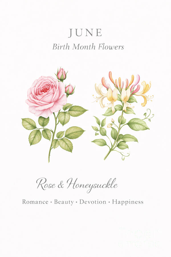 June Flower Sign June Birth Flower - Rose and Honeysuckle Botanical Illustration Digital ...