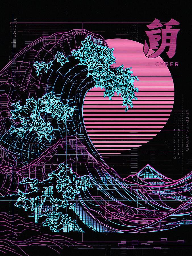 Kanagawa Cyberpunk Wireframe Ukiyo-e Digital Neon Contemporary