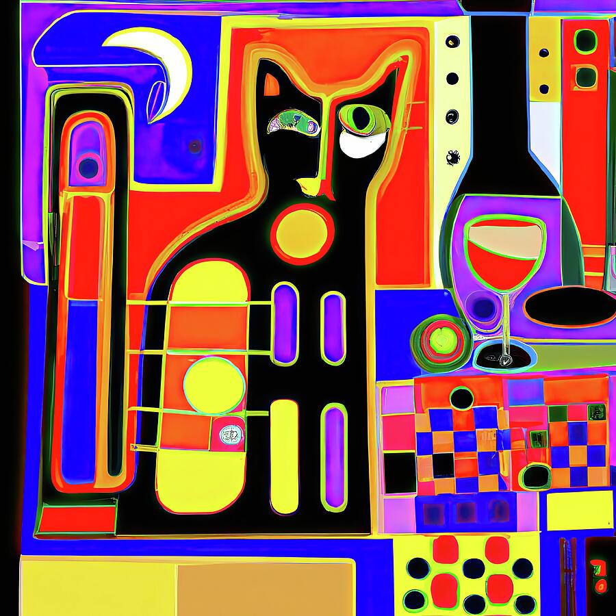 Colorful Geometric Cat Composition Digital Art - Kitchen Cocktail Time with Cat - Abstract by Tatiana Travelways