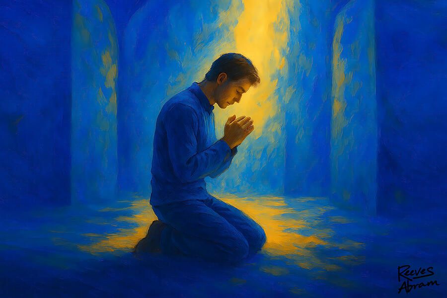 Kneeling in Prayer Painting by Reeves Abram - Pastor Reeves Studio - Metal Posters