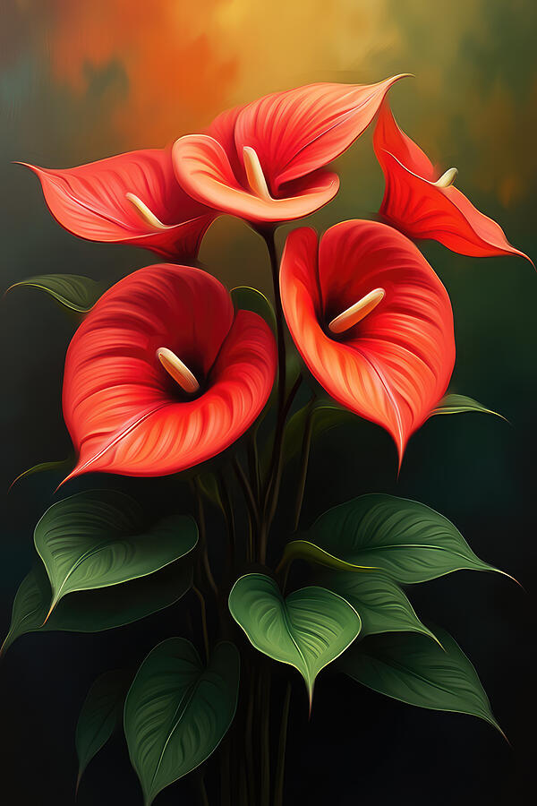 Vibrant Red Calla Lilies Digital Art - Laceleaf Wall Art Floral Oil Painting by Nature Oil Painting