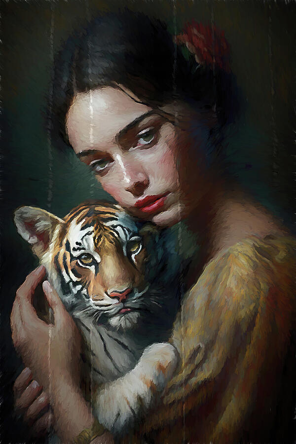 Woman Embracing a Tiger Cub Digital Art - Lady with a tiger renaissance style painting by Nature Oil Painting