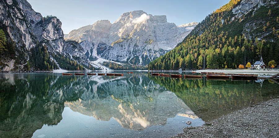 Lake Reflections in Mountain Valley Photograph - Lago di Braies in Dolomites Italy by Elvira Peretsman